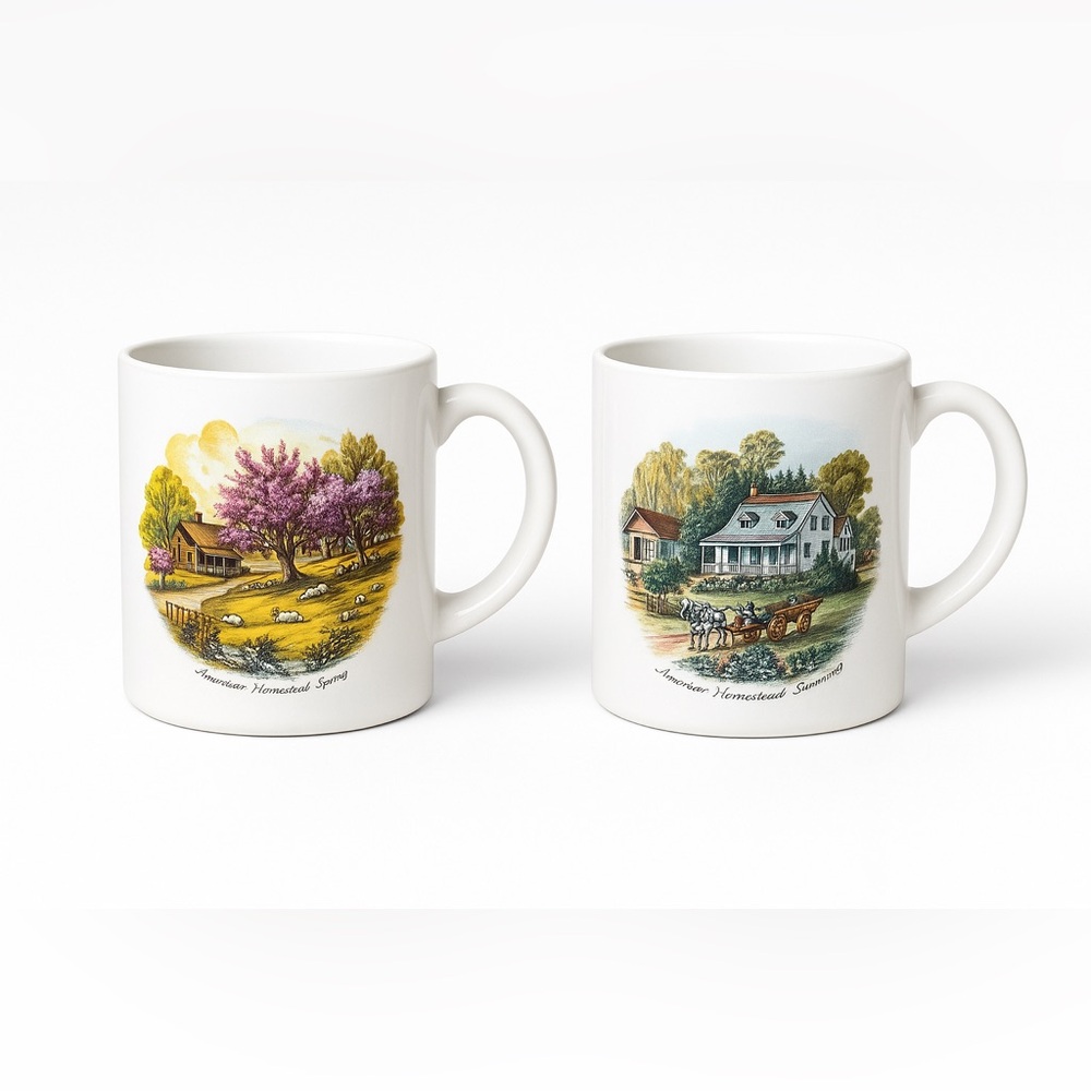 Currier & Ives American Homestead Seasons Mug Set – Spring & Summer – Vintage